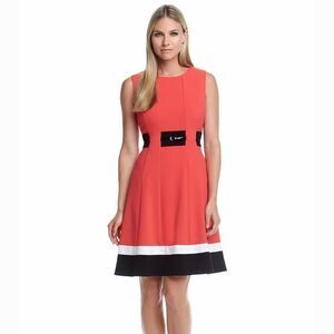 New! CALVIN KLEIN Women's Striped Hem Belted Flare Dress SZ 10 Color Watermelon